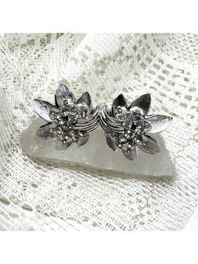 Vintage Crown Trifari Silver-Tone Flower Clip-On Earrings With Rhinestones